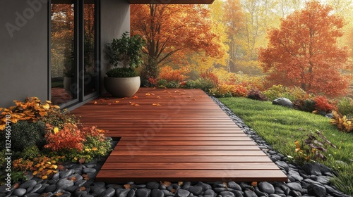 Modern autumn patio deck overlooking fall foliage