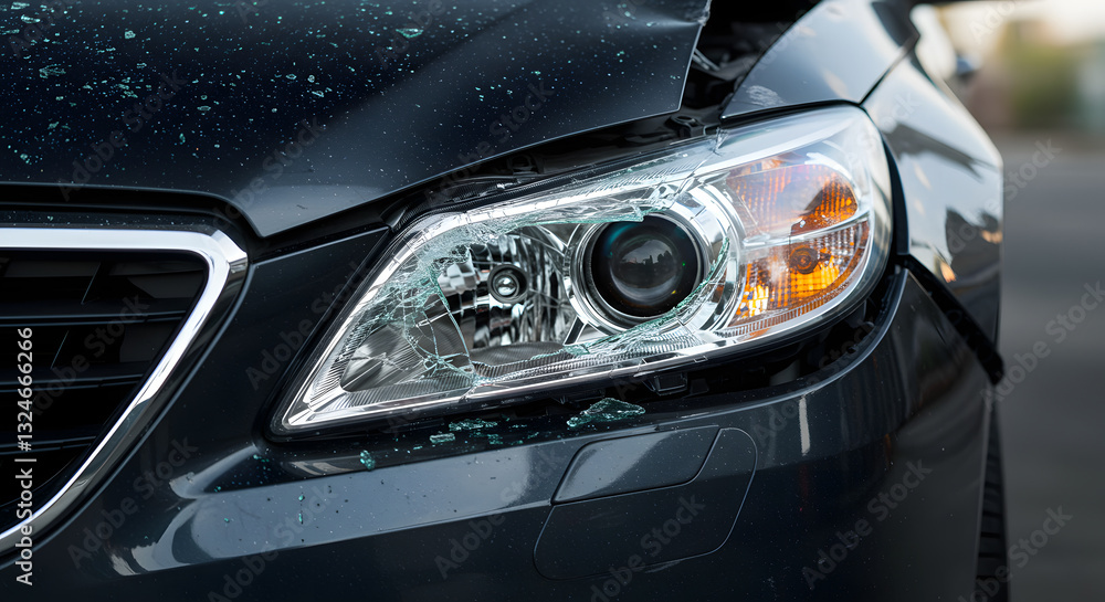 Close-up of a damaged modern car after a traffic accident, with the focus on the broken headlight. Close-up of a damaged modern car after a traffic accident, with the focus on the broken headlight.