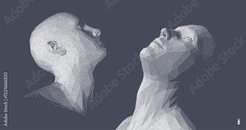 Two faces are looking at something. Technology and robotics concept. Design for business presentations, flyers or posters. 3D vector illustration.