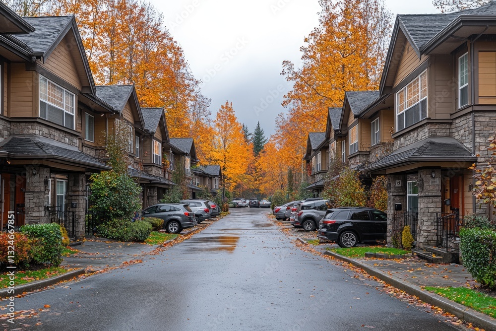 Autumnal Townhouses Line A Wet Street With Colorful Trees Autumnal Townhouses Line A Wet Street With Colorful Trees