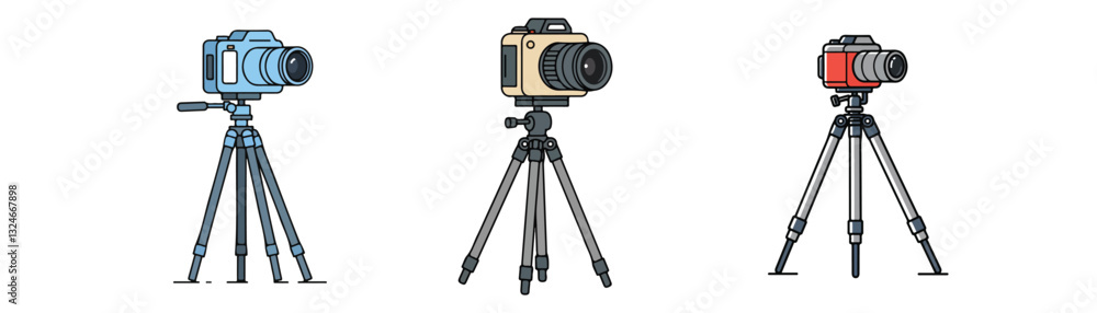 Camera On Tripod vectors, A vector set displaying different types of modern and traditional camera tripods used for photography and video. Rendered in a flat design style, these illustrations. Camera On Tripod vectors, A vector set displaying different types of modern and traditional camera tripods used for photography and video. Rendered in a flat design style, these illustrations.