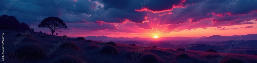 Fototapeta premium Deep twilight shadows lengthen across the plains, stars emerge , celestial, field, sky