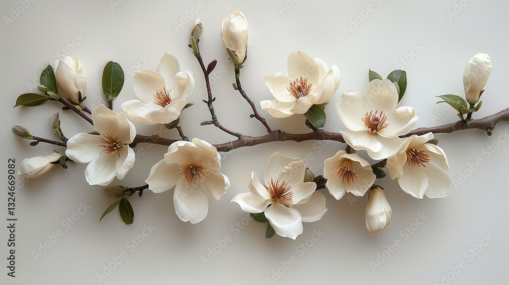 A curved magnolia branch on a simple white background with clean lines and minimal composition