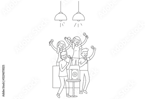 Karaoke Party vectors, This tidy vector set presents cartoon-style illustrations of karaoke singers and visitors. It emphasizes vocal recreation, entertainment shows, and the fun social experience.