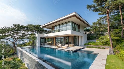 Luxurious modern house featuring a pool and beautiful natural surroundings