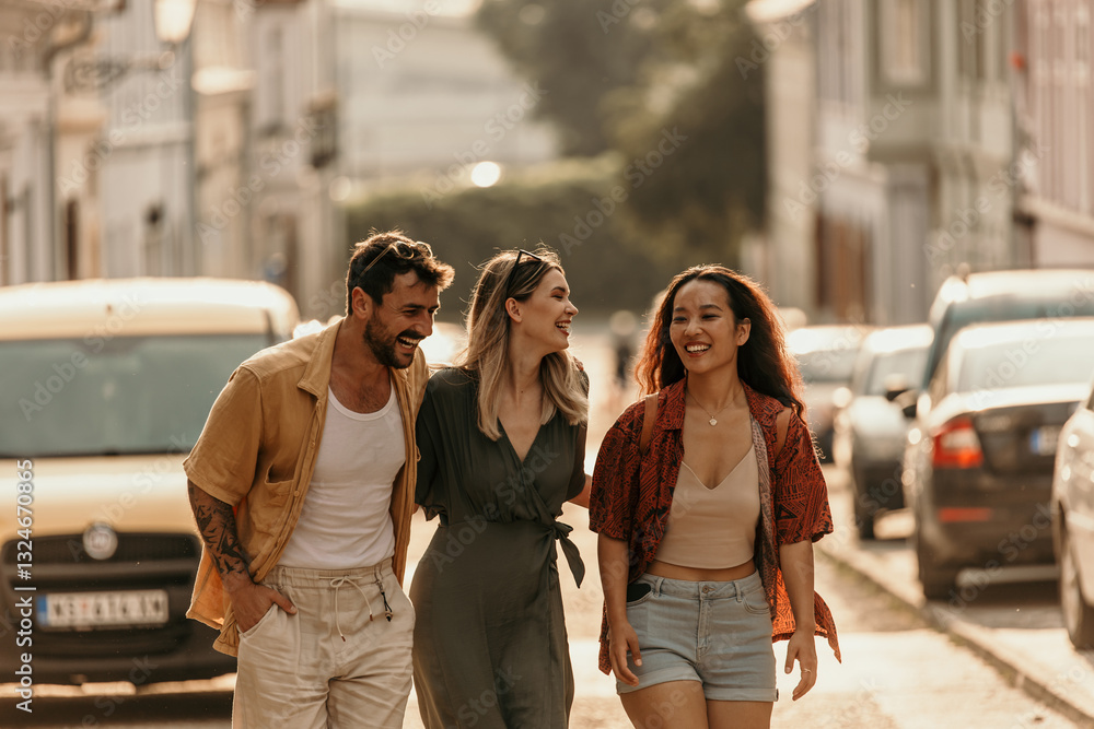 Young friends soaking up the sun while exploring the streets. Golden house glow Young friends soaking up the sun while exploring the streets. Golden house glow