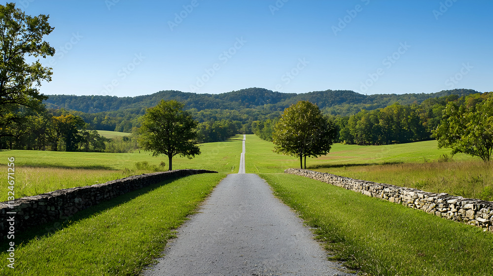 Stone Path Through Green Field With Trees Under Clear Blue Sky in a Scenic Landscape Stone Path Through Green Field With Trees Under Clear Blue Sky in a Scenic Landscape