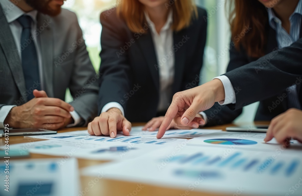 Team discusses company performance. Businesspeople work with charts, diagrams, brainstorm, develop plan, improve sales. Coworkers analyze statistics, present reports. Teamwork, collaboration for Team discusses company performance. Businesspeople work with charts, diagrams, brainstorm, develop plan, improve sales. Coworkers analyze statistics, present reports. Teamwork, collaboration for