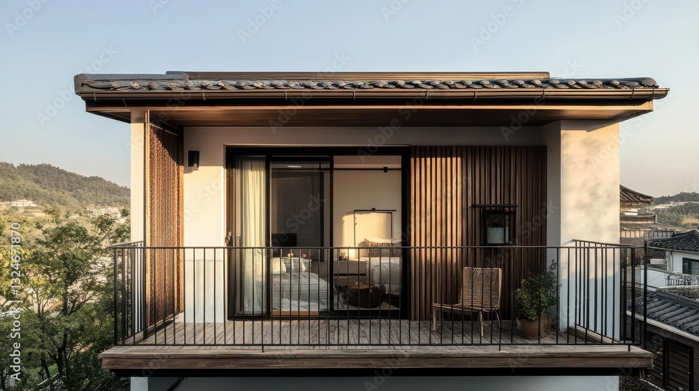 An exterior balcony of a modern building with mountain scenery