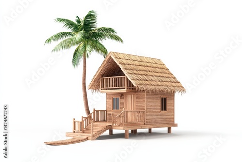 Charming wooden hut with thatched roof and palm tree on a serene beachfront setting isolated on transparent background