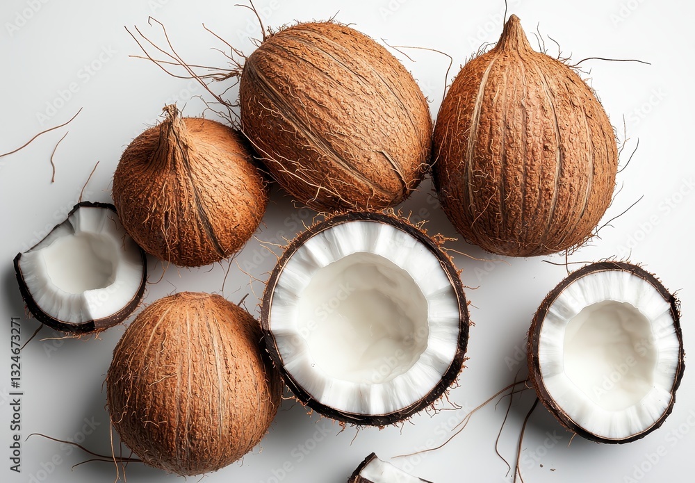 Natural Whole Coconuts with Brown Fibrous Husk and Broken Coconut Shells Exposing White Flesh on a Light Background Natural Whole Coconuts with Brown Fibrous Husk and Broken Coconut Shells Exposing White Flesh on a Light Background