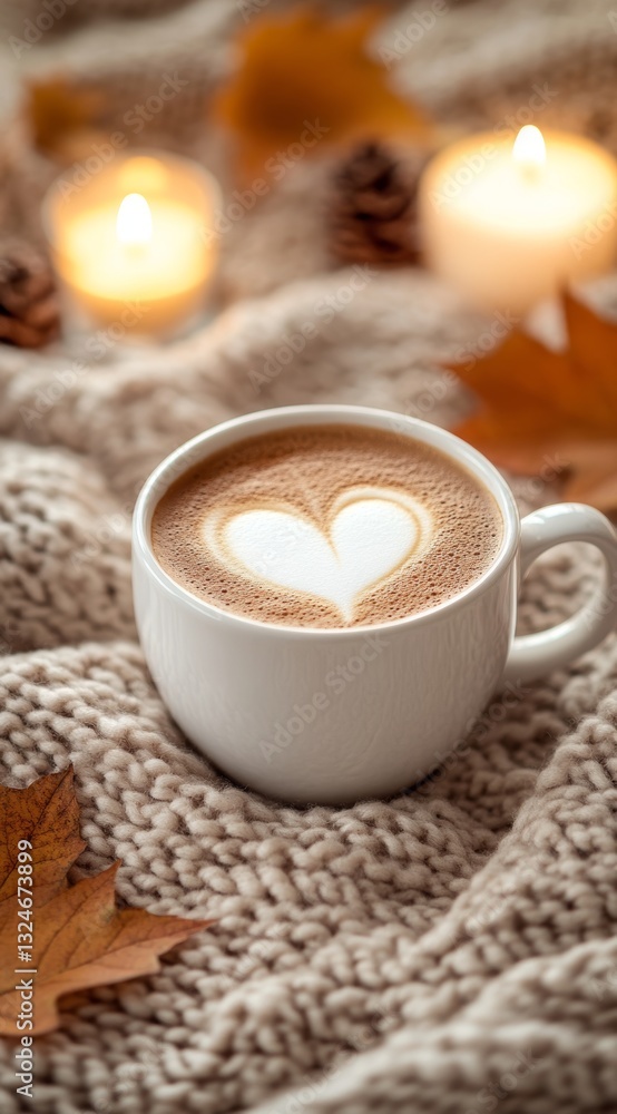 A delicious cup of hot coffee with heartshaped foam on top in an elegant white mug placed on the edge of a cozy beige table A delicious cup of hot coffee with heartshaped foam on top in an elegant white mug placed on the edge of a cozy beige table
