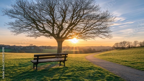 Sunrise park bench under tree, path, tranquil scene photo