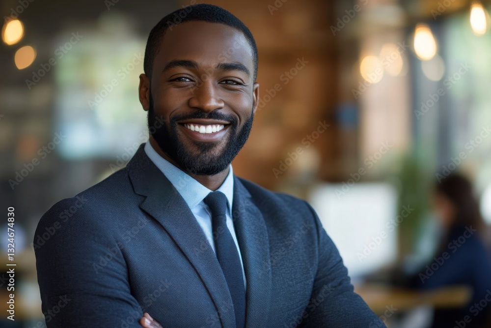 Confident man smiles with arms crossed in bright office. He wears a suit and tie. A woman works in the background. Confident man smiles with arms crossed in bright office. He wears a suit and tie. A woman works in the background.