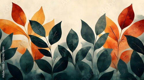 a watercolor illustration of vibrant leaves and foliage, with warm tones of orange and cool shades of green