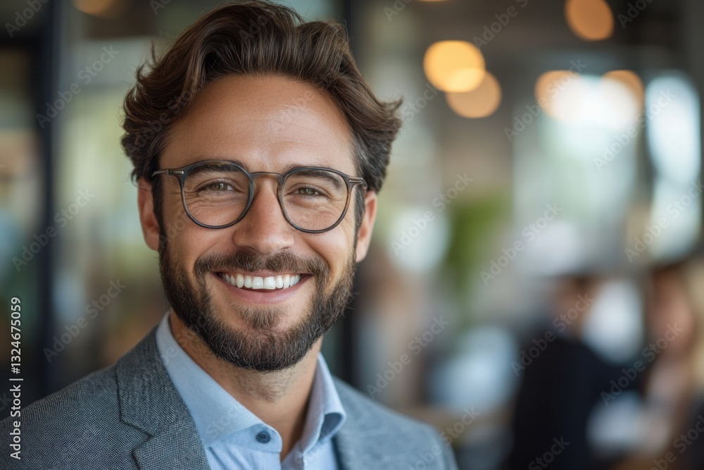 Smiling man in a suit and glasses looking at the camera in a bright office with people blurred in the background. Smiling man in a suit and glasses looking at the camera in a bright office with people blurred in the background.