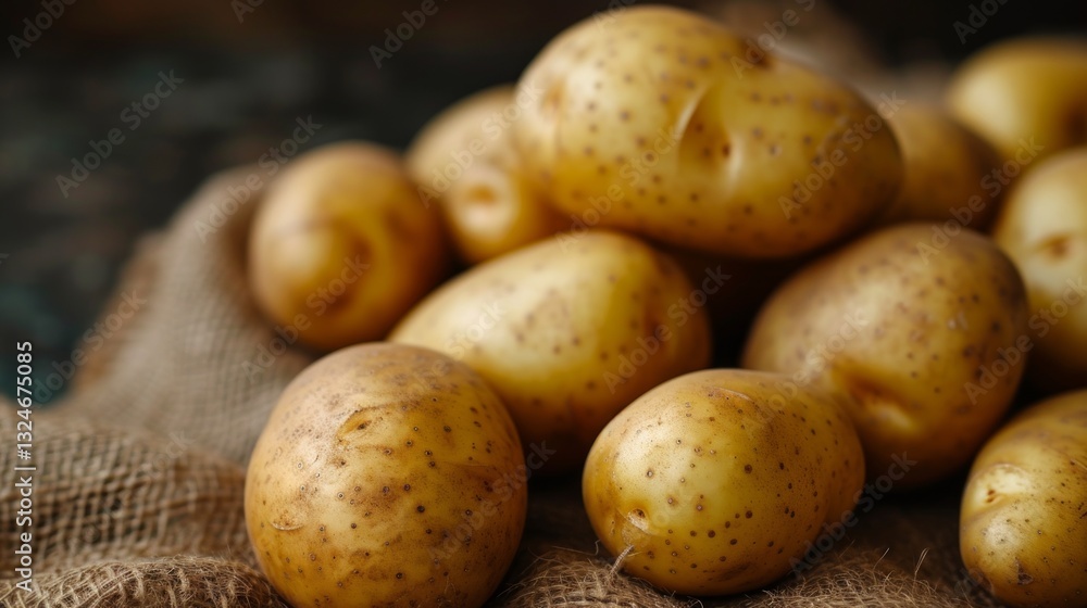 A detailed perspective of a selection of potatoes with golden brown skins illuminated against a neutral background A detailed perspective of a selection of potatoes with golden brown skins illuminated against a neutral background