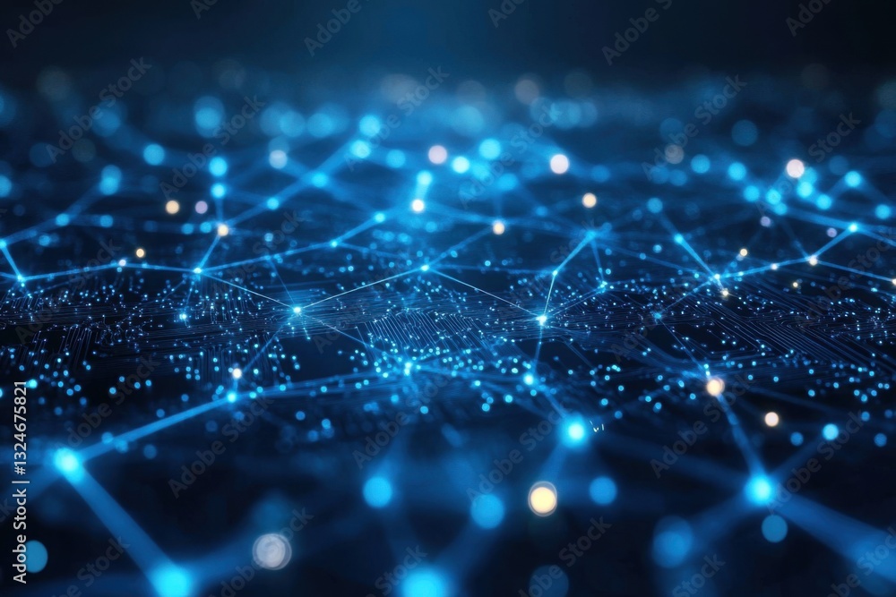 Abstract blue network of glowing lines and nodes on a dark surface. Connection and digital technology concept. Low angle view and shallow depth of field. Abstract blue network of glowing lines and nodes on a dark surface. Connection and digital technology concept. Low angle view and shallow depth of field.