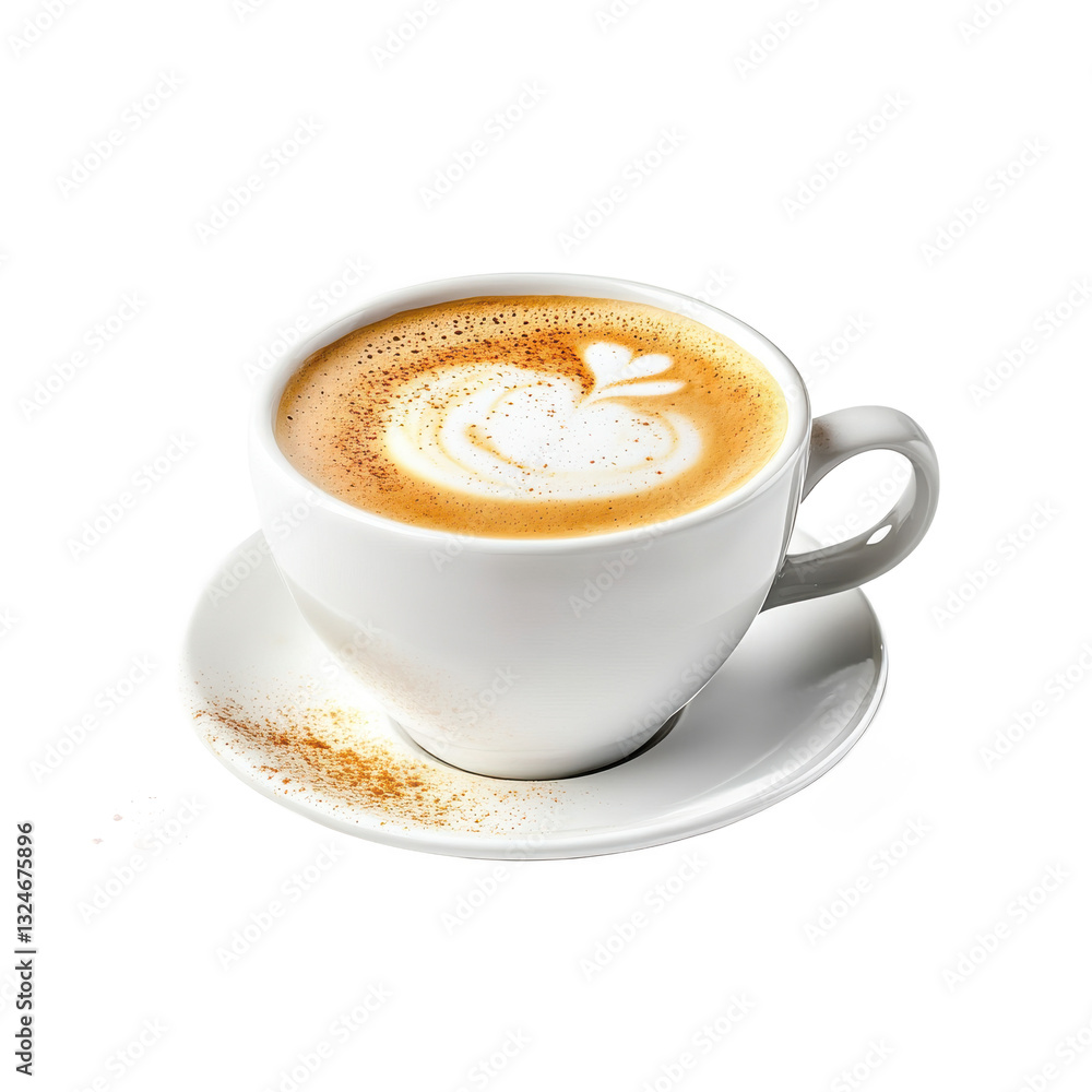 Delicious Cappuccino Coffee in White Cup with Latte Art, Cinnamon Sprinkle Delicious Cappuccino Coffee in White Cup with Latte Art, Cinnamon Sprinkle