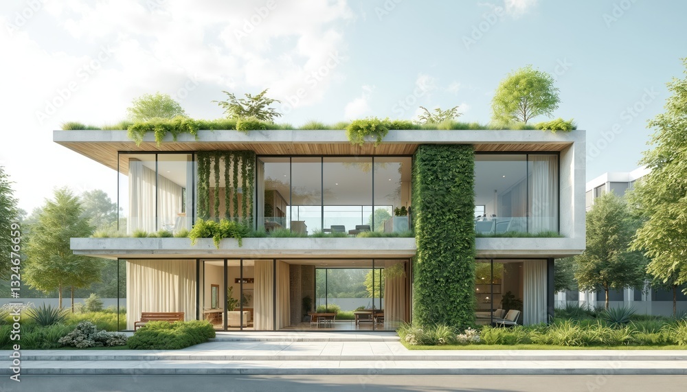 Fototapeta premium Modern eco house illustration with green facade, rooftop garden. Sustainable building concept uses energy conservation technologies, eco-friendly construction, natural materials, innovative