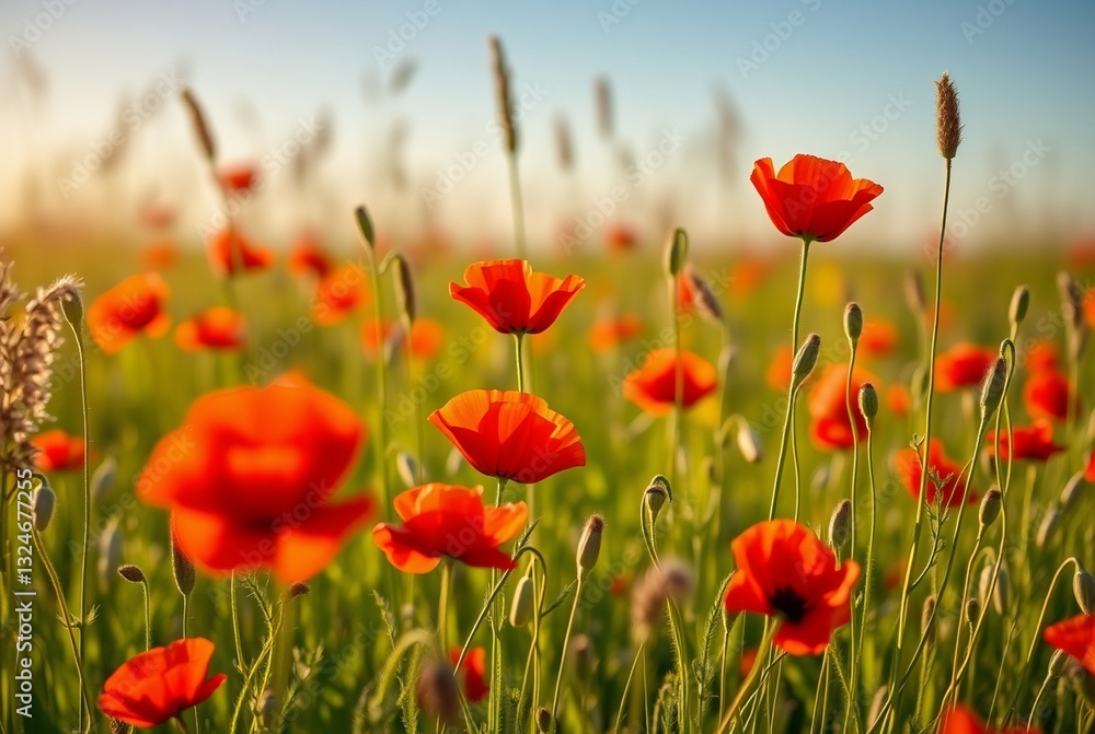 Fototapeta premium Vibrant Poppy Field Under Clear Sky during Golden Hour