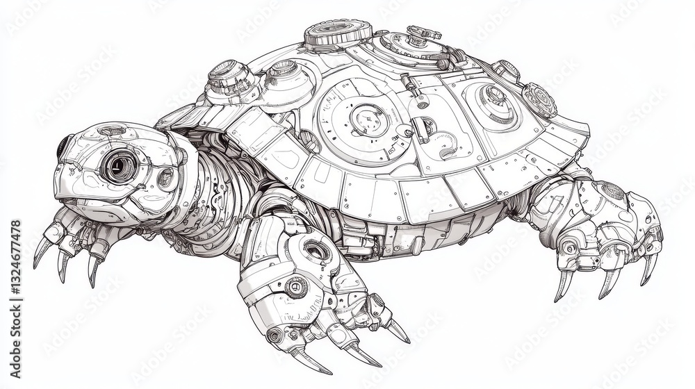 Fototapeta premium Turtle designed in Steampunk style. The mechanical animal can be colored. It's a vector illustration from a coloring book 