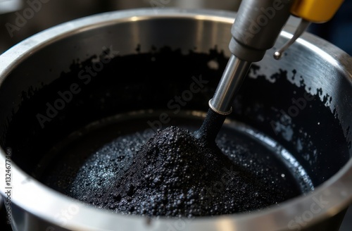 mixing a sample of polymer modified bitumen with SBS and rubber crumb to test the wear resistance of the material in road pavement