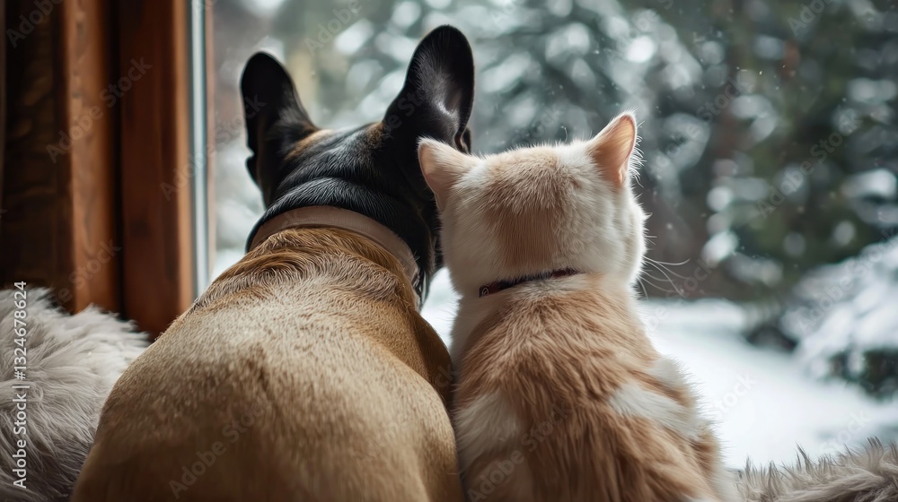Cozy pets by window view snowy landscape Cozy pets by window view snowy landscape