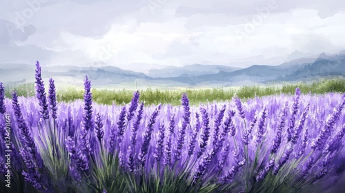 A beautiful lavender field stretches towards distant blue mountains gently