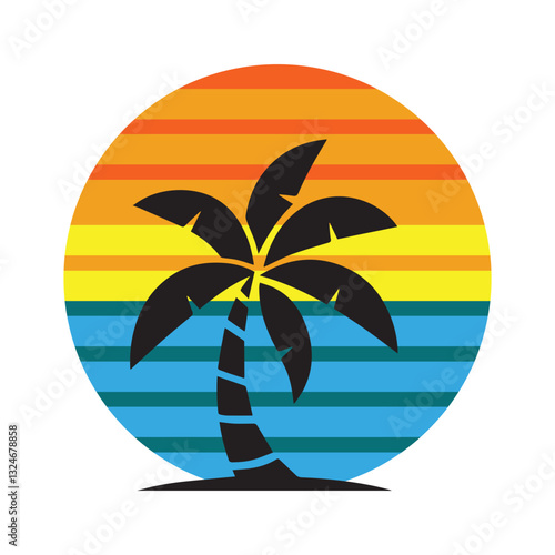 This image showcases a tropical-themed logo designed to represent a summer vacation concept. The logo features a stylized palm tree with green leaves and a segmented trunk, symbolizing relaxation.