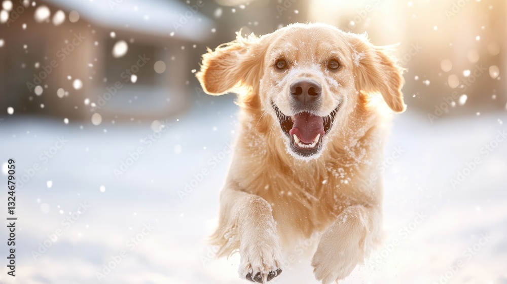 A cheerful golden retriever captured mid-run in a snowy wonderland, showcasing the pure joy and excitement of playful moments in a serene winter environment. A cheerful golden retriever captured mid-run in a snowy wonderland, showcasing the pure joy and excitement of playful moments in a serene winter environment.