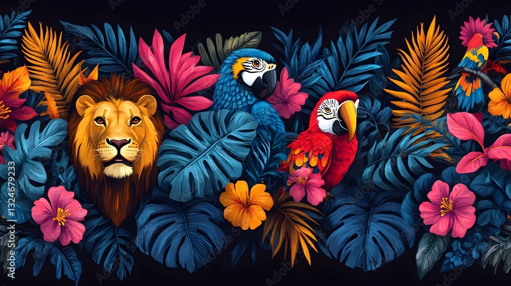 a vibrant and colorful illustration of a lion, parrots, and tropical flowers and leaves in a jungle scene. This artwork would be a beautiful piece of art. a vibrant and colorful illustration of a lion, parrots, and tropical flowers and leaves in a jungle scene. This artwork would be a beautiful piece of art.