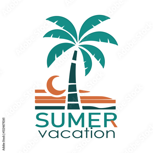 This image showcases a tropical-themed logo designed to represent a summer vacation concept. The logo features a stylized palm tree with green leaves and a segmented trunk, symbolizing relaxation.