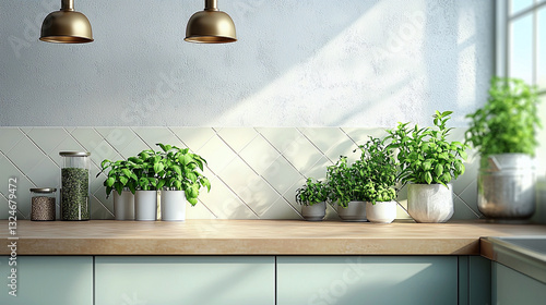 Modern kitchen with potted herbs and sunlight streaming through window
