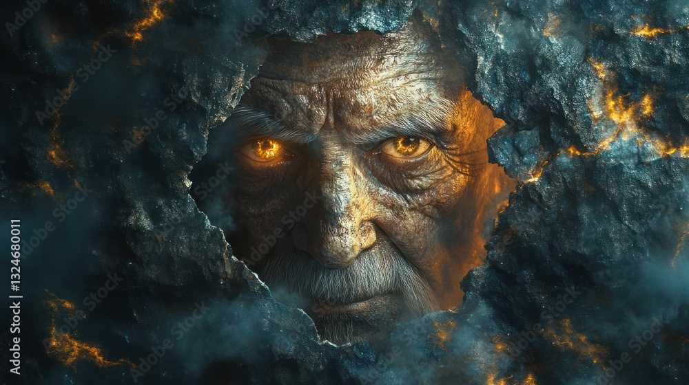 A wise old man's face breaking through a marble-textured wall, eyes glowing softly A wise old man's face breaking through a marble-textured wall, eyes glowing softly