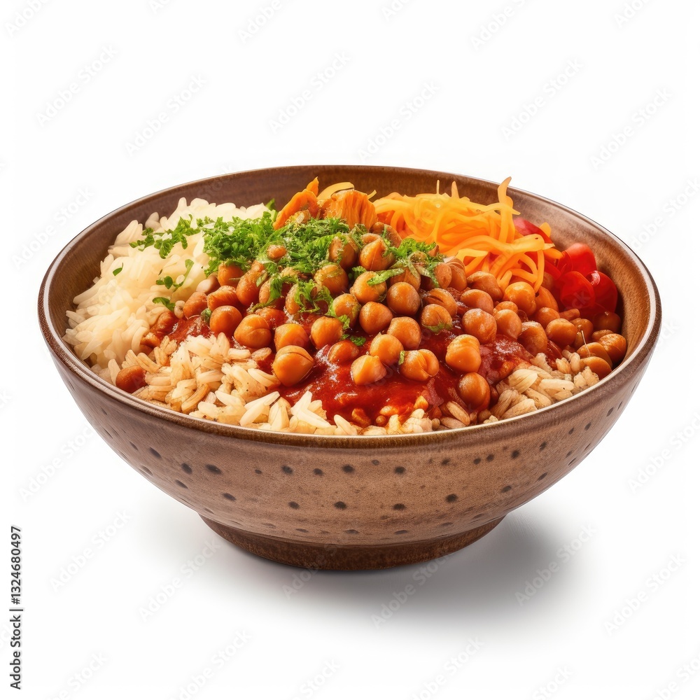 A Hearty Bowl of Rice, Chickpeas, and Vegetables in a Brown Ceramic Bowl A Hearty Bowl of Rice, Chickpeas, and Vegetables in a Brown Ceramic Bowl