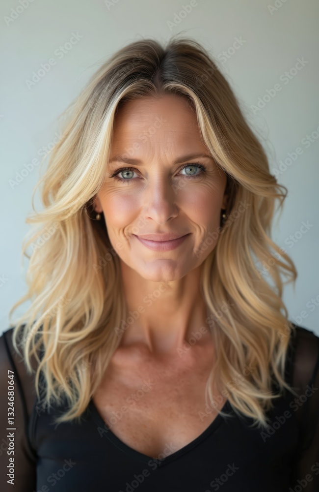 Front studio portrait of 46 yo blond woman. Female model looks at camera smiling. Soft shadows, professional color grading, light transparent background. Beauty, fashion and lifestyle photo. Front studio portrait of 46 yo blond woman. Female model looks at camera smiling. Soft shadows, professional color grading, light transparent background. Beauty, fashion and lifestyle photo.