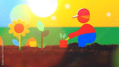 Farmer planting seedling in fertile soil sunny farmland background photo