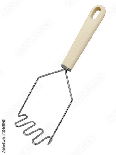 Bild auf Leinwand Stainless steel potato masher with white handle isolated