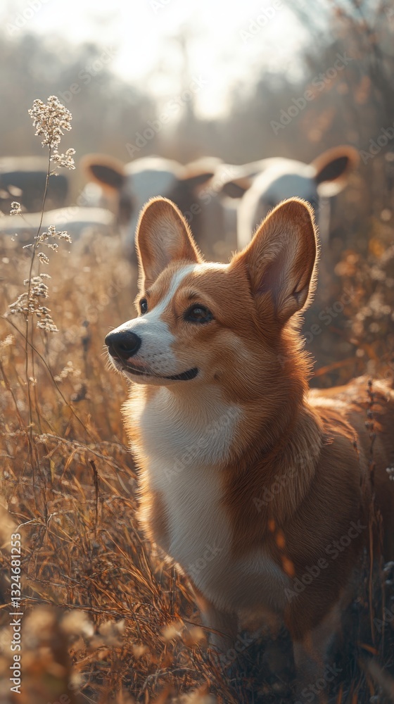 A Hyperrealistic Scene of a Corgi Herding Cows in Natural Light A Hyperrealistic Scene of a Corgi Herding Cows in Natural Light
