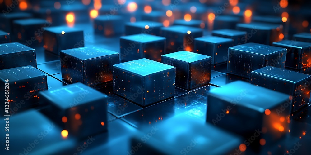 Obraz premium Glowing blue cubes, digital network, abstract background