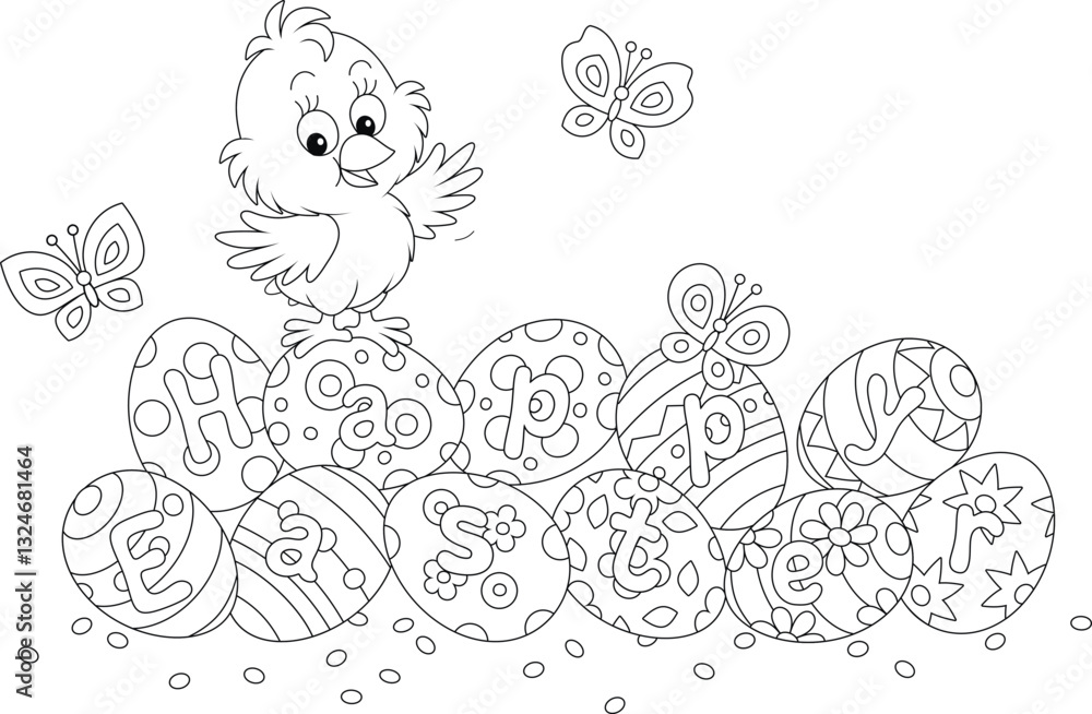 Easter card with a happy little chick waving in greeting on painted gift eggs and butterflies fluttering merrily around, black and white outline vector cartoon illustration for a coloring book Easter card with a happy little chick waving in greeting on painted gift eggs and butterflies fluttering merrily around, black and white outline vector cartoon illustration for a coloring book