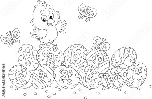 Wallpaper Mural Easter card with a happy little chick waving in greeting on painted gift eggs and butterflies fluttering merrily around, black and white outline vector cartoon illustration for a coloring book Torontodigital.ca