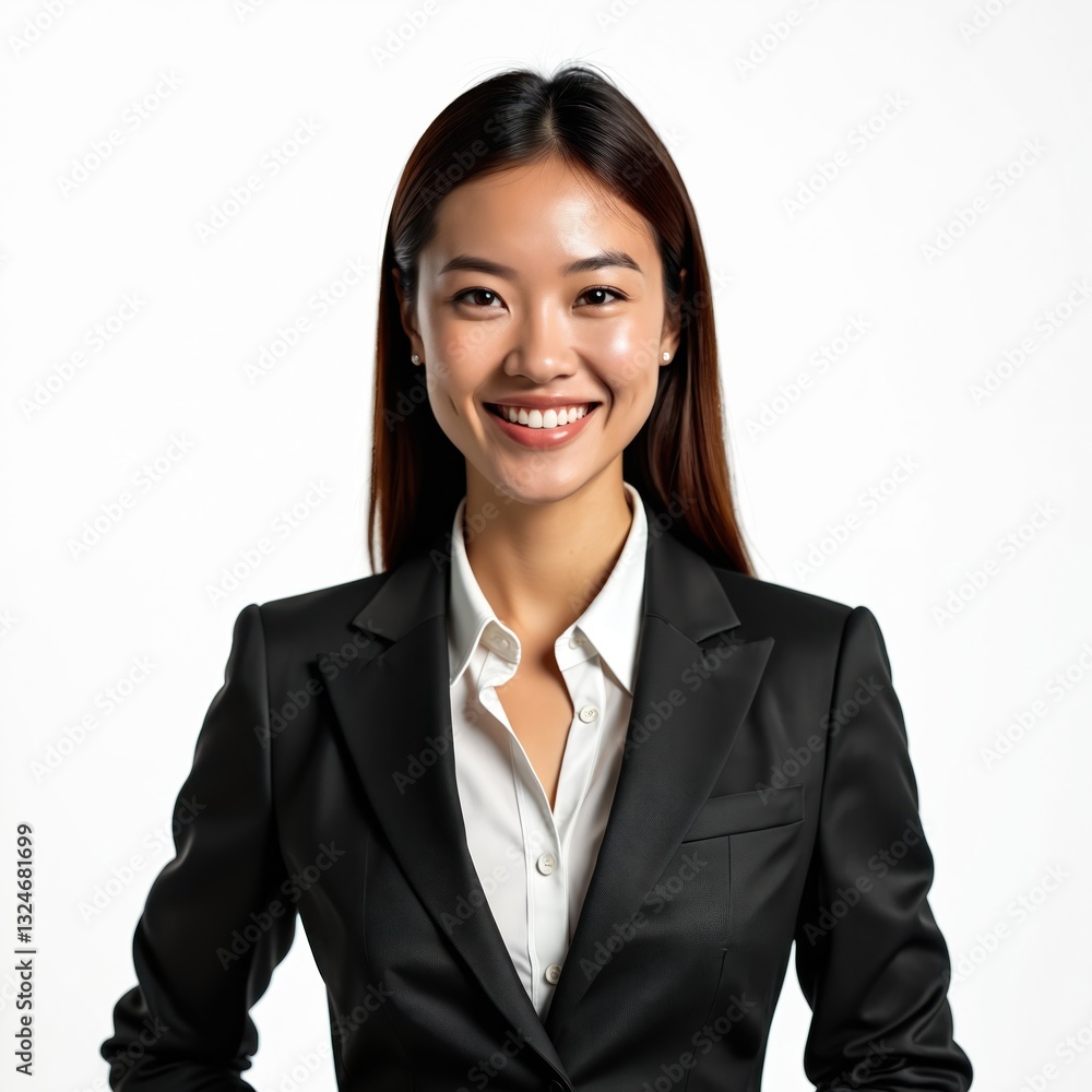 Portrait of smiling asian businesswoman with straight hair in black suit on transparent background. Successful female executive manager in formal corporate attire demonstrates confidence, Portrait of smiling asian businesswoman with straight hair in black suit on transparent background. Successful female executive manager in formal corporate attire demonstrates confidence,