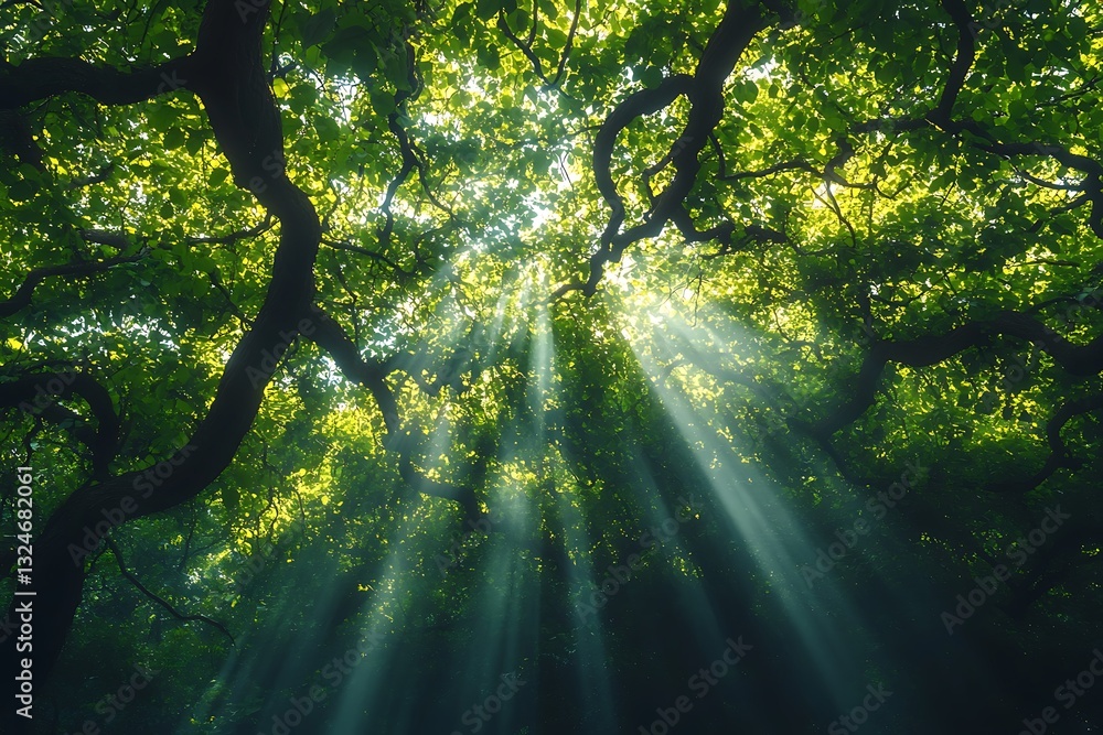 Fototapeta premium Sunbeams shining through the canopy of a green forest