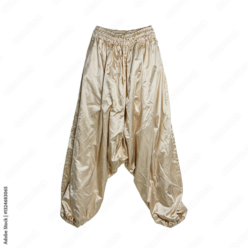 Obraz premium Flowing silk harem pants with gathered elastic waist isolated on white Elegant and comfortable fashion statement for any occasion
