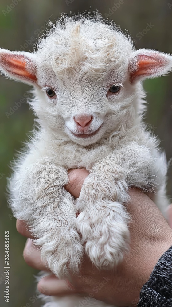 A Person Holding a Very Fluffy and Adorable Baby Goat with Clean Lines and Photorealistic Appearance A Person Holding a Very Fluffy and Adorable Baby Goat with Clean Lines and Photorealistic Appearance