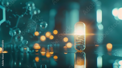 Glowing pill capsule on reflective surface surrounded by medical symbols, representing pharmaceutical innovation and drug reward concept in healthcare industry.