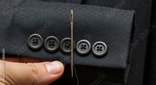 Tailoring Detail: Hand Sewing Buttons on a Black Blazer Sleeve. Close-up Shot of a Hand Using Needle and Thread to Affix Buttons onto a Formal Jacket.