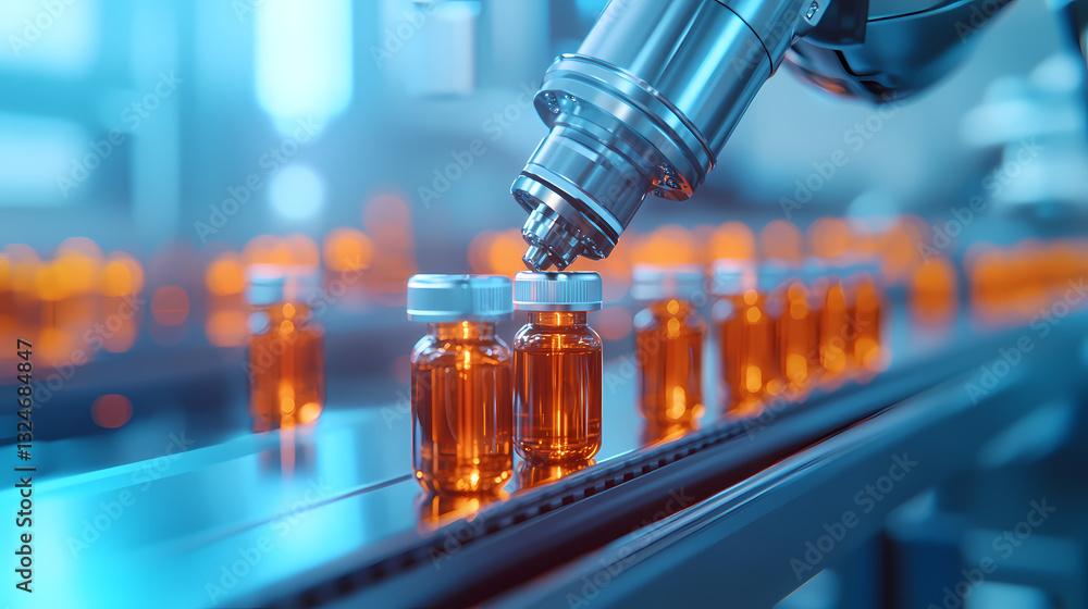 A robotic arm fills amber vials on a production line in a modern pharmaceutical facility, highlighting automation and efficiency in manufacturing. A robotic arm fills amber vials on a production line in a modern pharmaceutical facility, highlighting automation and efficiency in manufacturing.